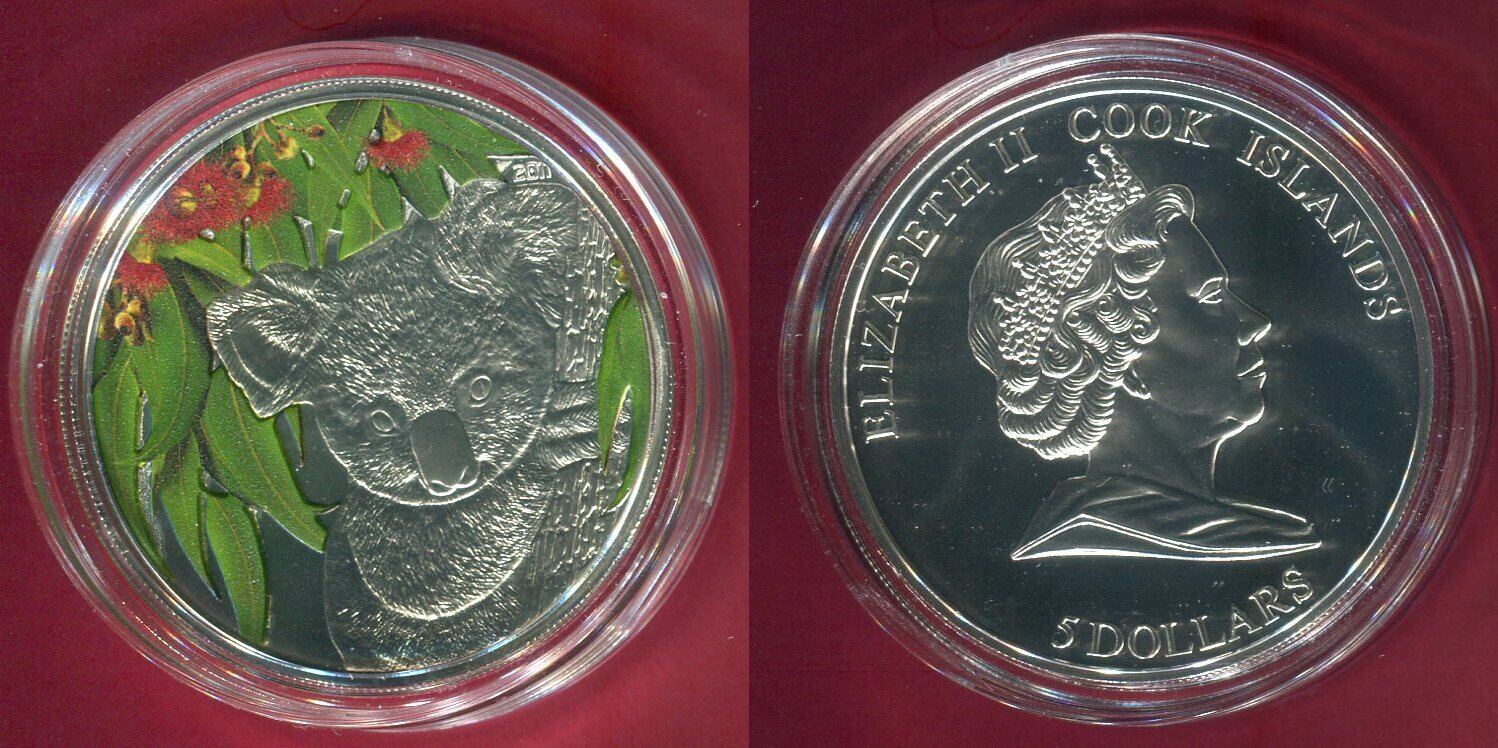 Cook Islands 5 Dollars Silbermünze mit Farbauflage 2011 Koala mit