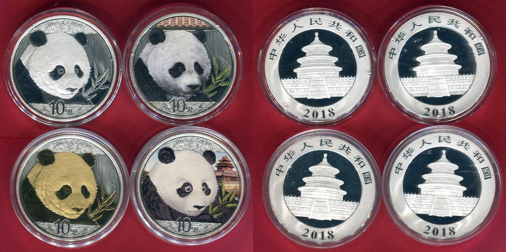 China 4 X 10 Yuan Silber Mit Farbauflage Bzw Vergoldet 2018 Panda In