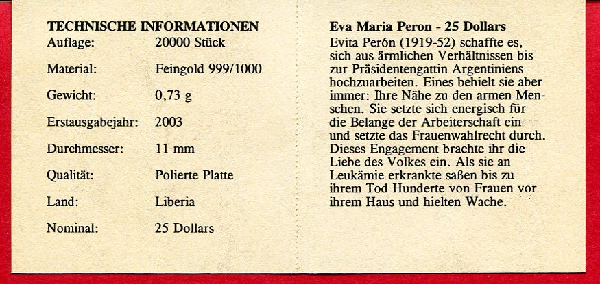 Liberia Dollars Minigoldm Nze Eva Maria Peron Pp In Kapsel Mit