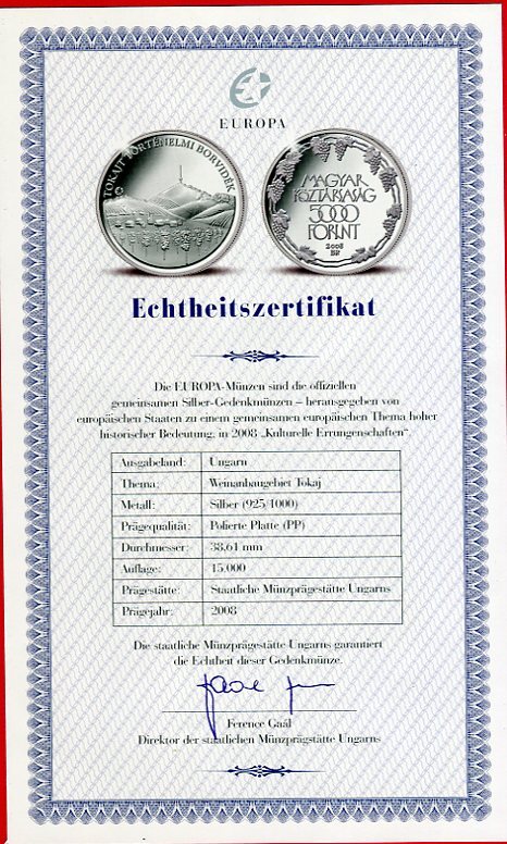 Ungarn Hungaria 5000 Forint Silbermünze 2008 Weinanbaugebiet Tokaj