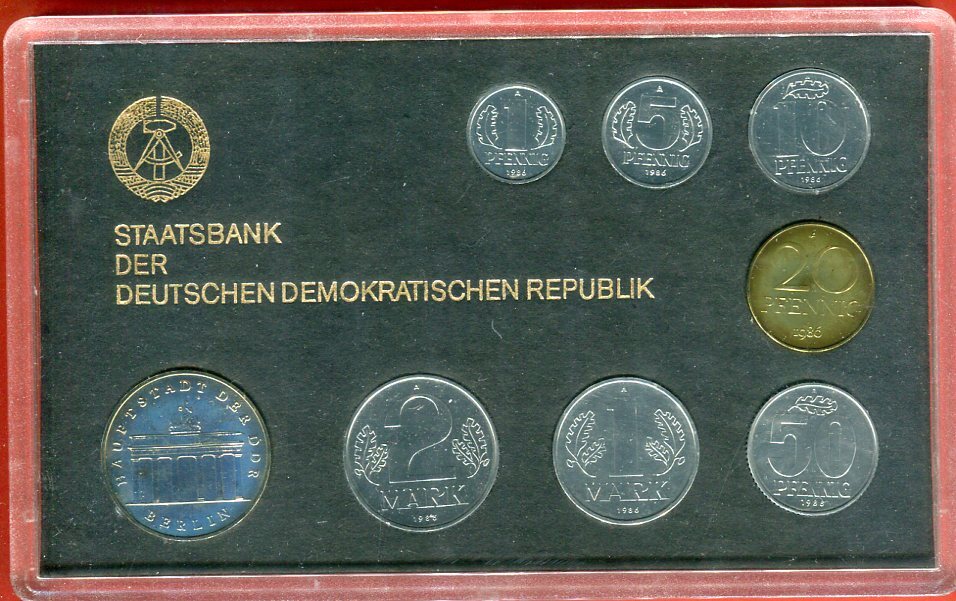 DDR Kursmünzensatz 1986 KMS 1 Pfennig bis 5 Mark Brandenburger Tor