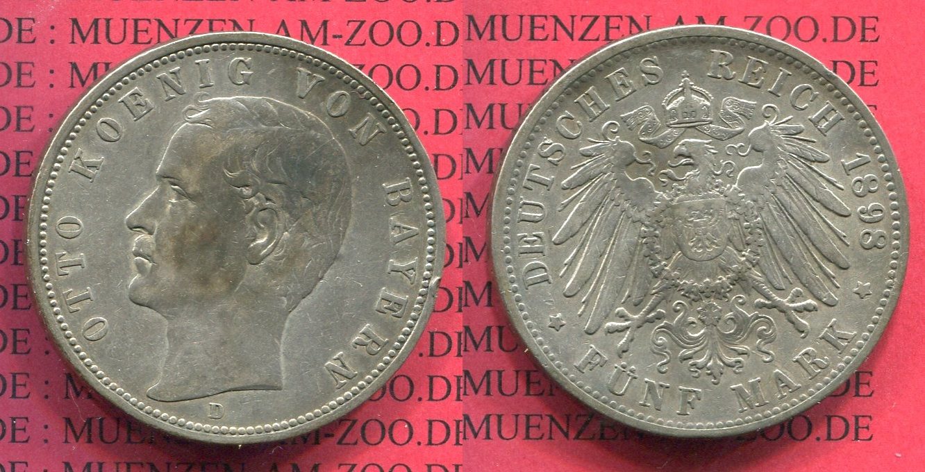 Bayern 5 Mark 1898 D König Otto Kursmünze Silber J 46 ss Patina