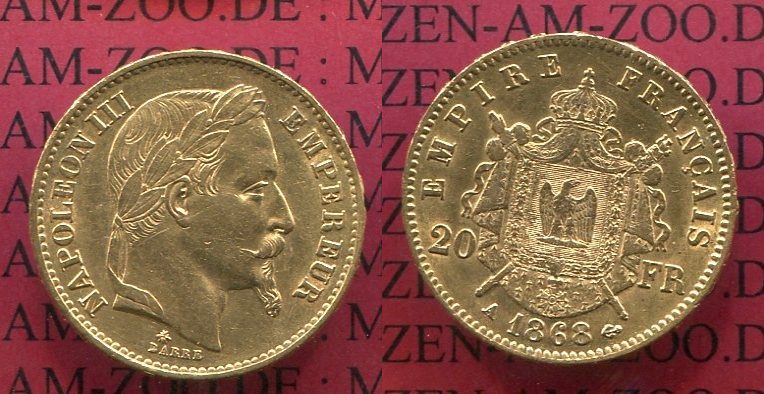 20 Francs Goldmünze Frankreich 20 Francs 1868 A Napoleon III f vz