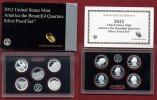 USA, United States of Amerika, Vereinigte Staaten 5 x 1 Quarter Proof Silver USA 2012 PP Satz mit 5 x Quarter Dollar Beautiful Quarters Proof Set Silber