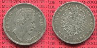 Kaiserreich Bayern, Bavaria 5 Mark Silber Kursmünze Bayern 5 Mark 1876 D, König Ludwig II. Silber