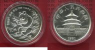 China Volksrepublik PRC 10 Yuan Panda 1 Unze Silber China Panda 10 Yuan 1991 1 Unze Silber Stempelglanz Small Date 1 ohne Fuss