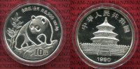 China Volksrepublik PRC 10 Yuan Panda 1 Unze Silber China Panda 10 Yuan 1990 1 Unze Silber Stempelglanz Small Date 1 ohne Fuss Bild