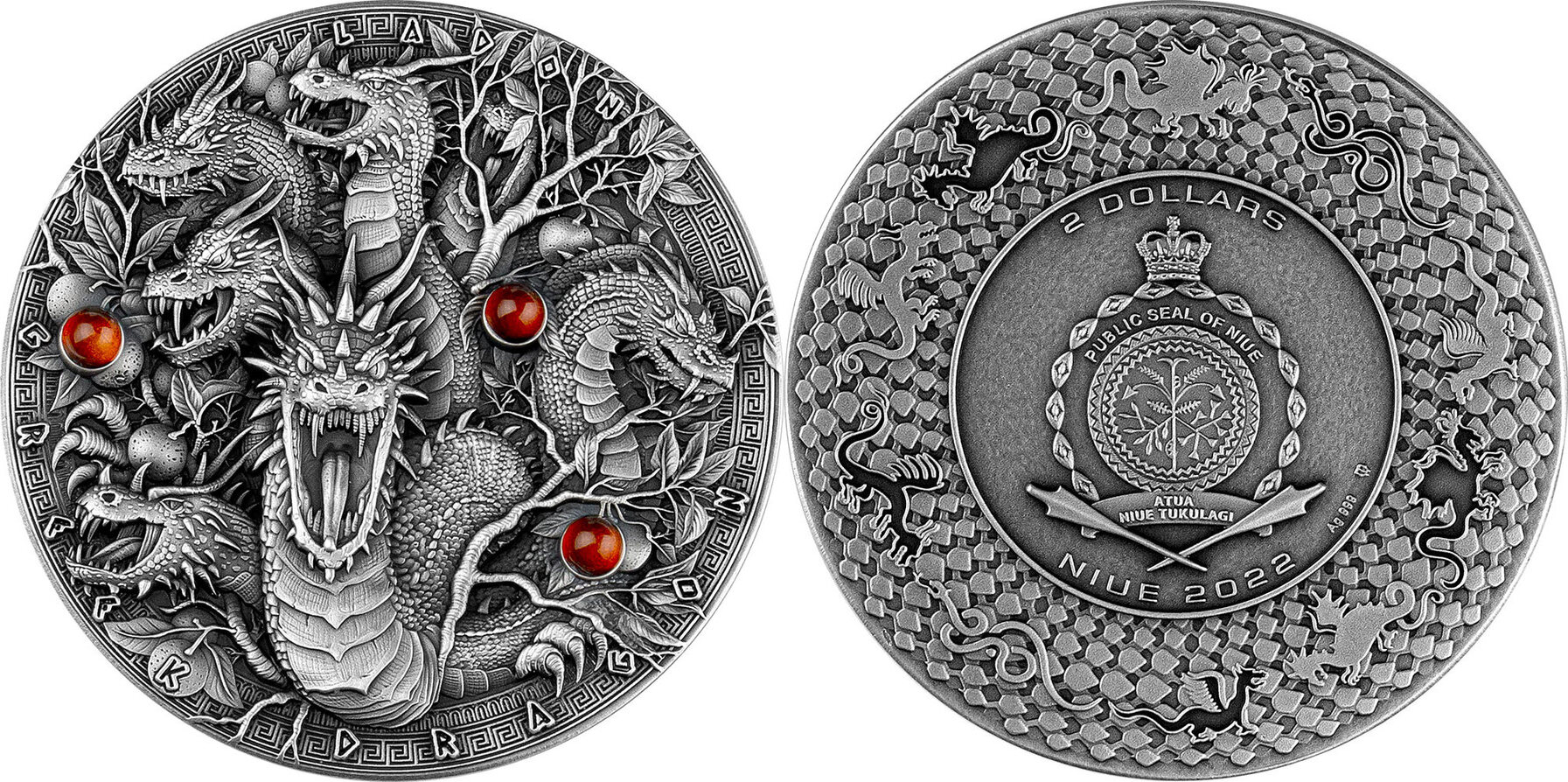 2 Dollars LADON GREEK DRAGON Dragons 2 Oz Silver Coin 2 Niue 2022