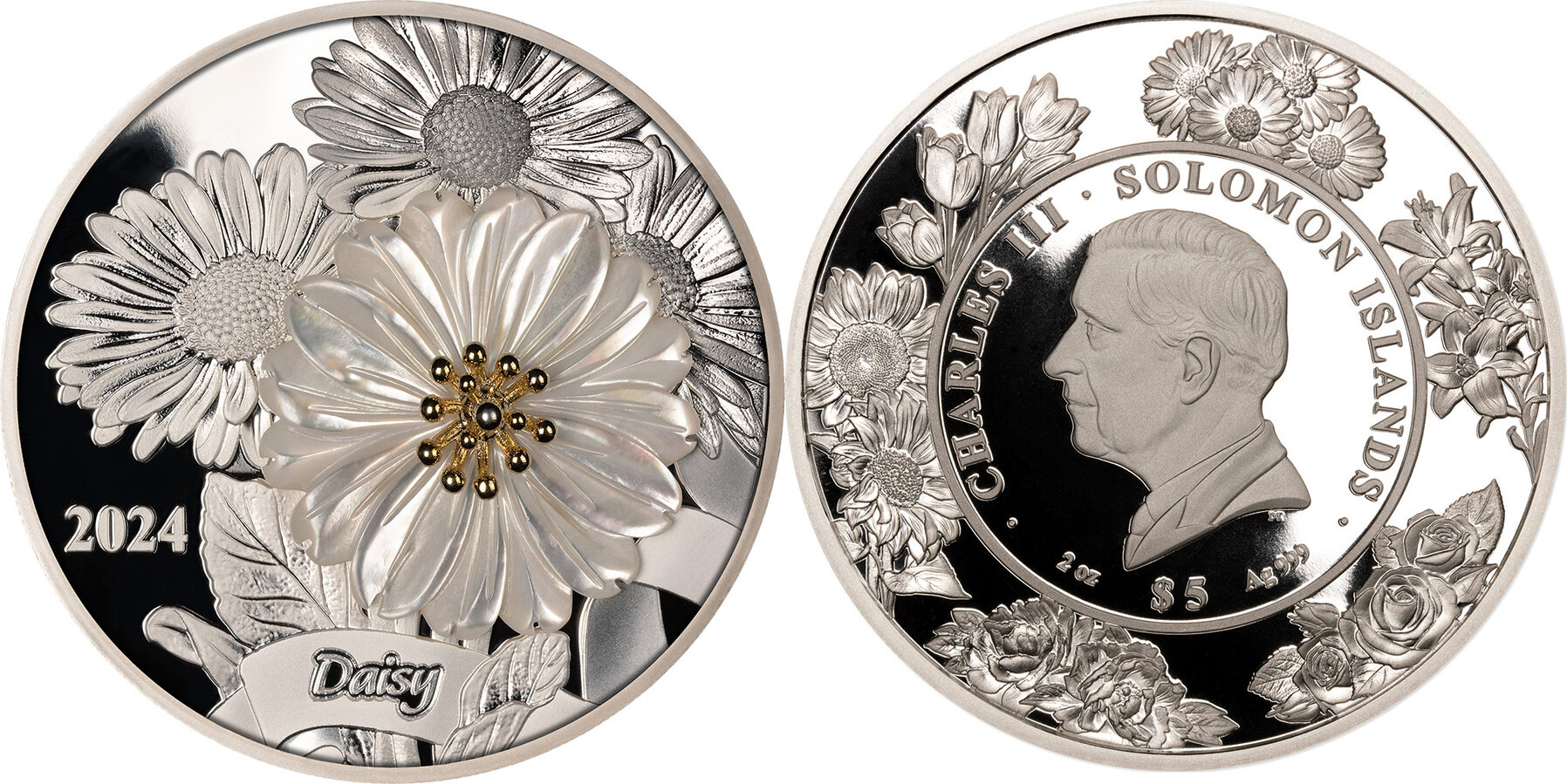 5 Dollars DAISY Flower 3D Mother Of Pearl 2 Oz Silver Coin 5 Solomon