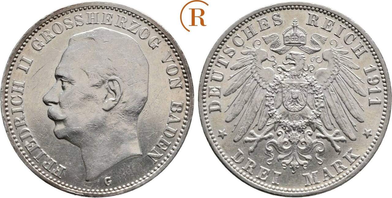 Kaiserreich Baden 3 Mark 1911 G Friedrich II 1907 1918 F Vz Kl