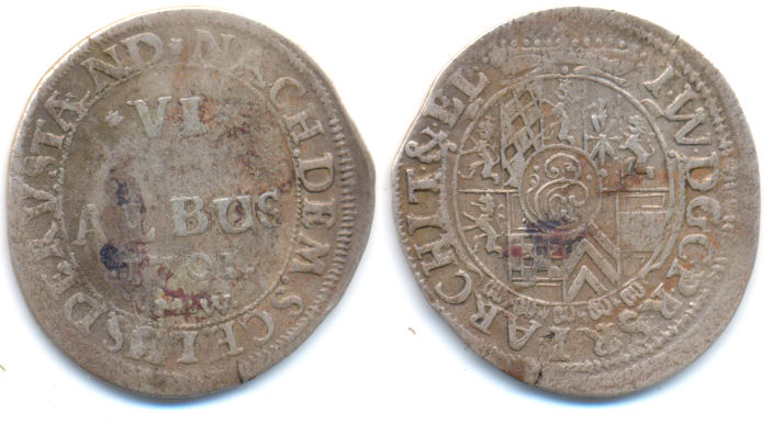 Pfalz Johann Wilhelm 1690 1716 6 Albus 1701 Heidelberg Ss Selten