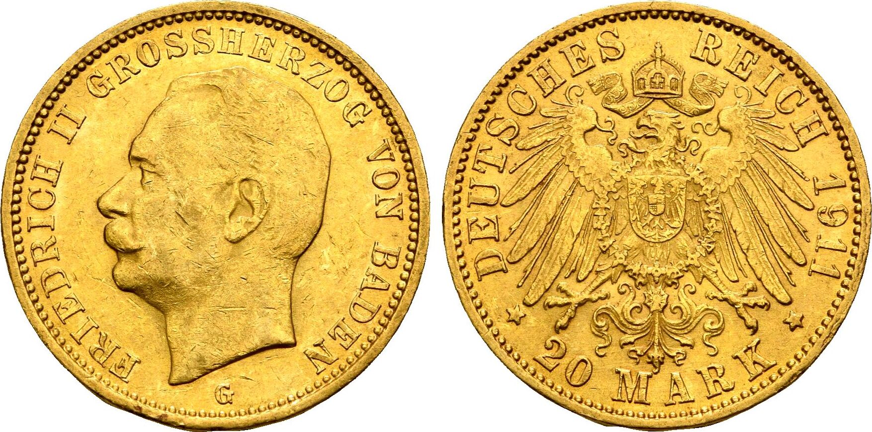 Kaiserreich Baden 20 Mark GOLD 1911 G Friedrich II 1907 1918 Vz Vz