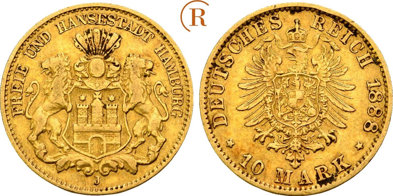 Kaiserreich Hamburg 10 Mark GOLD 1888 J Ss MA Shops