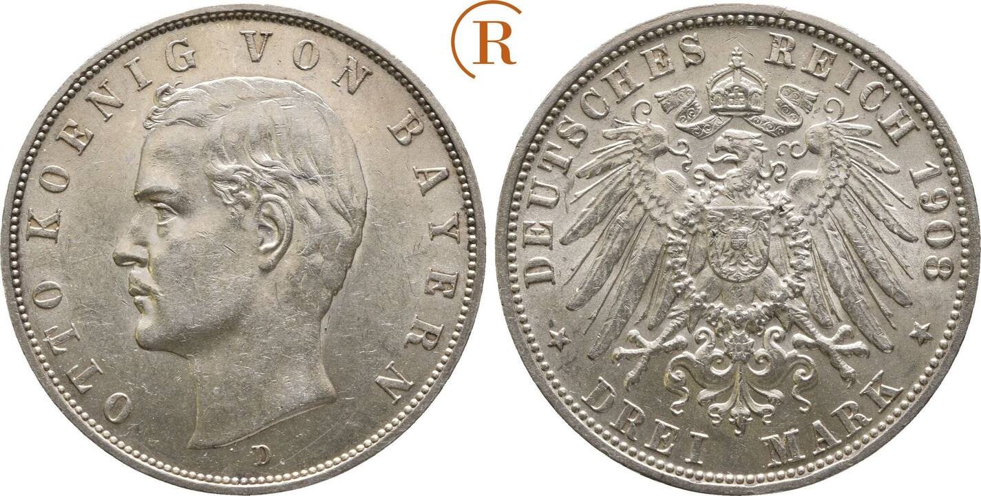 Kaiserreich Bayern 3 Mark 1908 D Otto 1886 1913 Vz Vz St Leichte