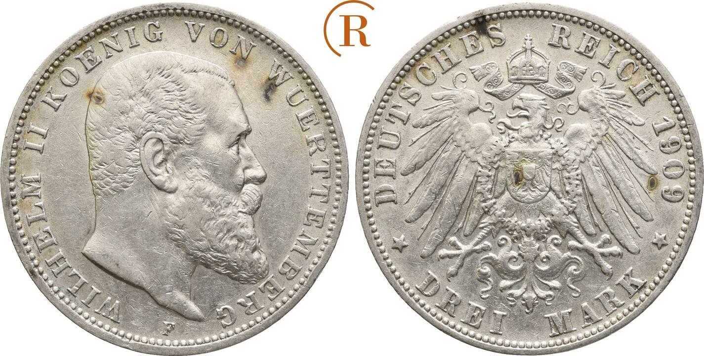 Kaiserreich Württemberg 3 Mark 1909 F Wilhelm II 1891 1918 ss