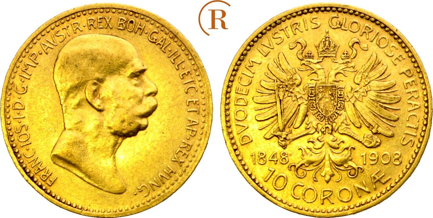 Habsburg 10 Kronen GOLD Regierungsjubiläum 1908 Franz Joseph I 1848