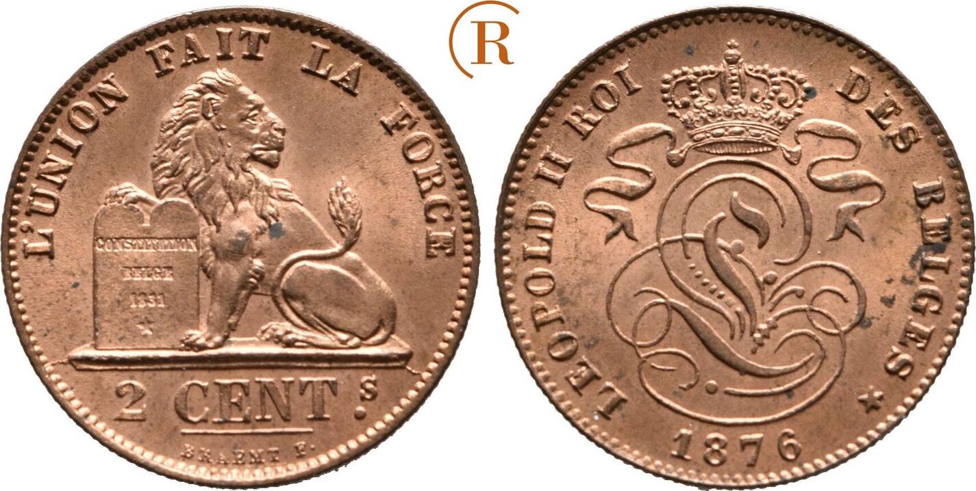 Belgien 2 Centimes 1876 Leopold II 1865 1909 Stempelglanz MA Shops