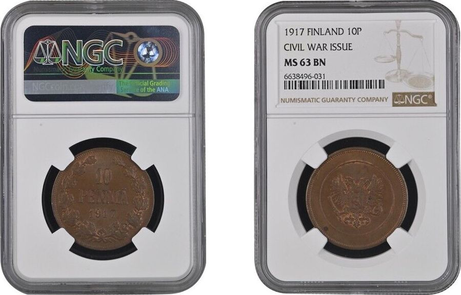 1917 Nicholas II Finland Coin Copper 10 Penni MS 63 NGC BN 6638496