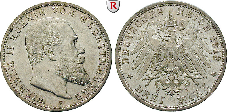 Württemberg 1912 F Wilhelm II 1891 1918 3 Mark 1912 F J 175 f vz