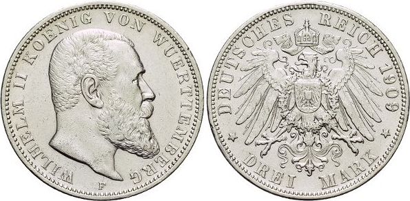 Württemberg 3 Mark 1914 F Wilhelm II 1891 1918 Min Rf fast