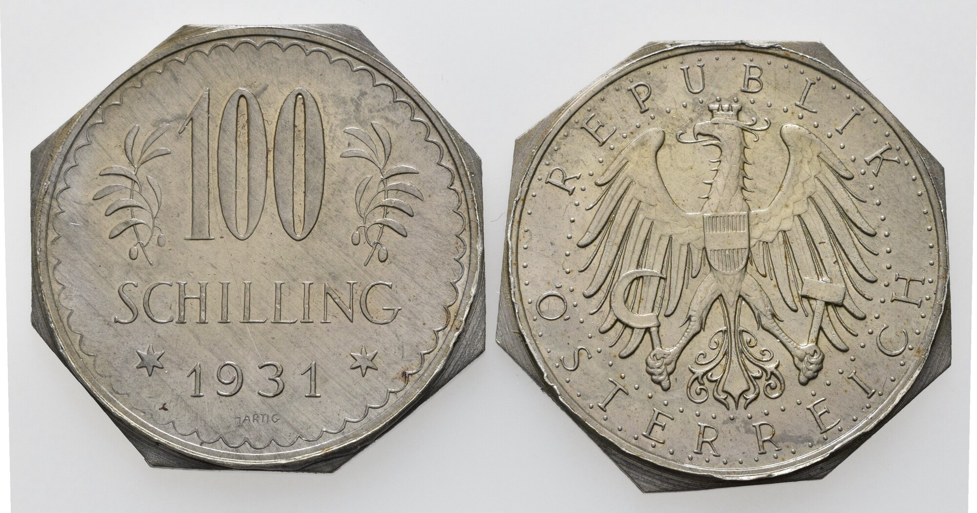 ÖSTERREICH PROBE 100 Schilling 1931 Lot 2 Stück 1 Republik achteckig