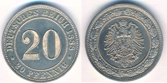 Deutschland 20 Pfennig 1888 A Kaiserreich vorzüglich stempelglanz MA