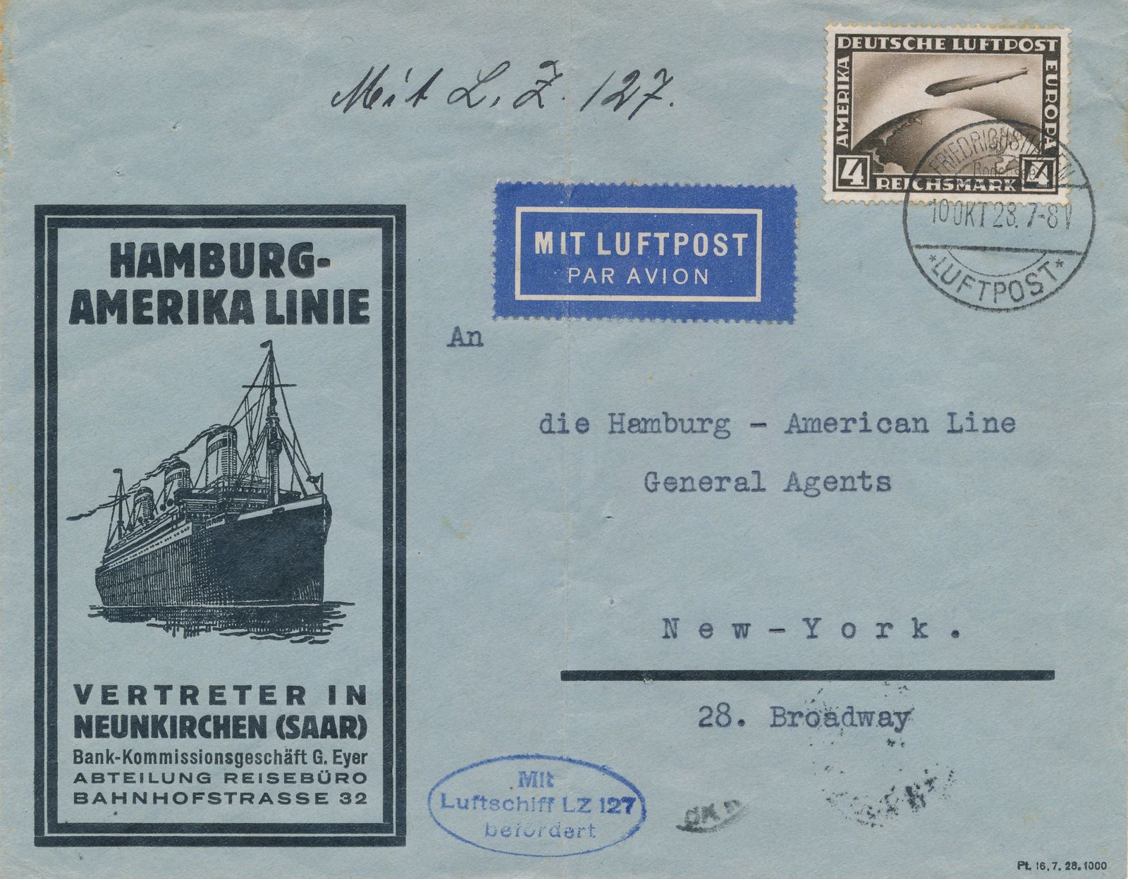 Luftpost Mit Luftschiff Lz Bef Rdert Friedricheshafen To New York