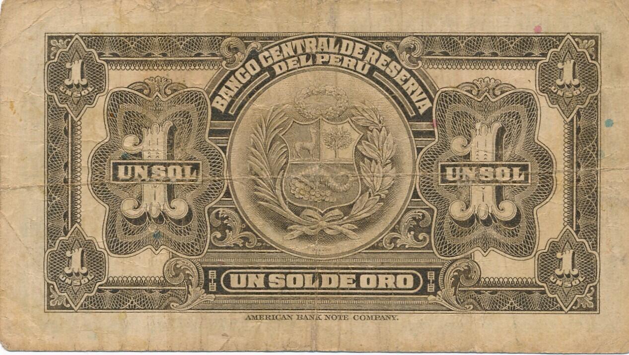 1 Sol 1935 Geldschein Banknote UN Sol De Oro Banco Central De Reserva