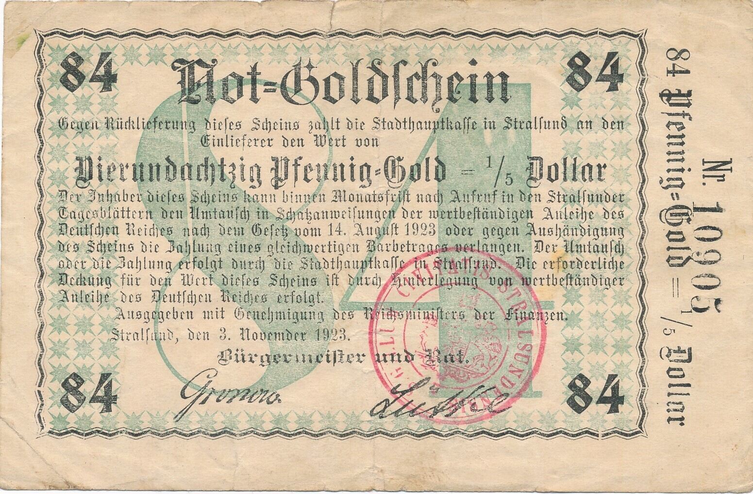 Deutschland Deutsches Reich 84 Pfennig Gold 1 5 Dollar 1923