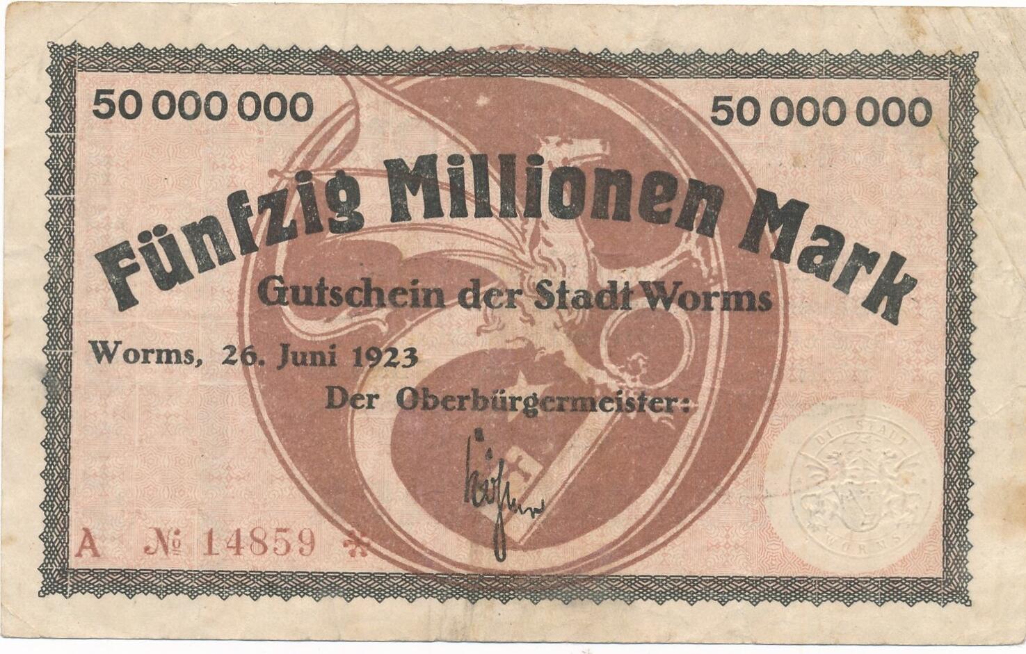 Deutschland Deutsches Reich 50 Millionen Mark 26 06 1923 Notgeldschein