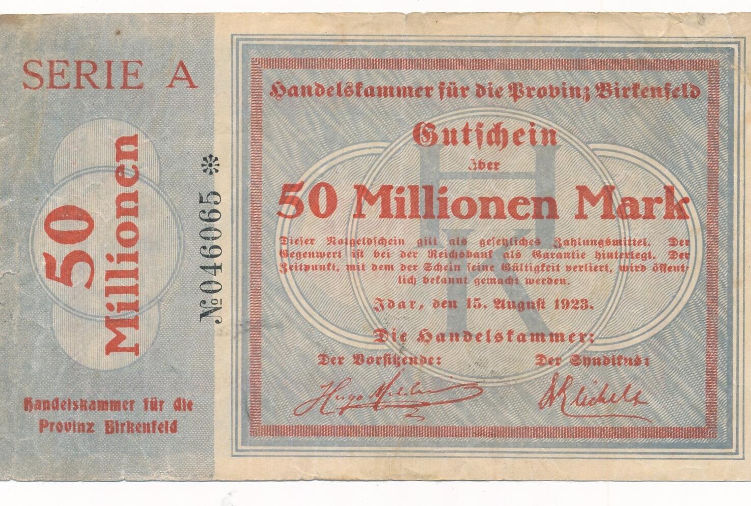 Deutschland Deutsches Reich 50 Millionen Mark 15 08 1923 Notgeldschein