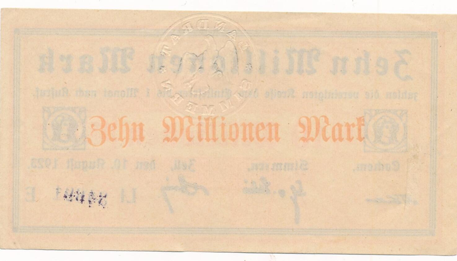 Deutschland Deutsches Reich 10 Millionen Mark 1923 Notgeldschein