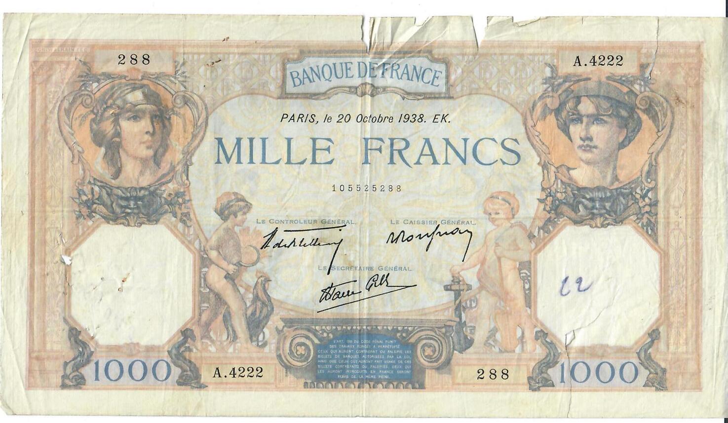 Frankreich 1000 Francs 1938 Banknote Geldschein IV kl Löcher und