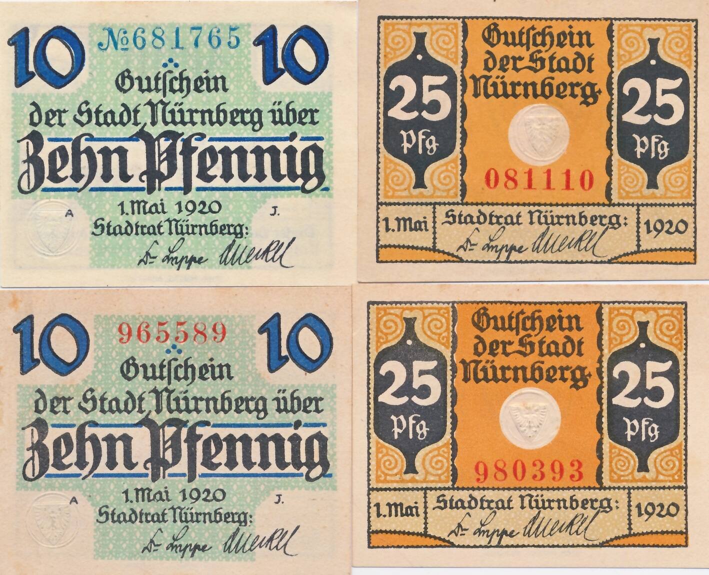 Deutschland Deutsches Reich 2x 10 Und 2x 25 Pfennig 4 Scheine 1920