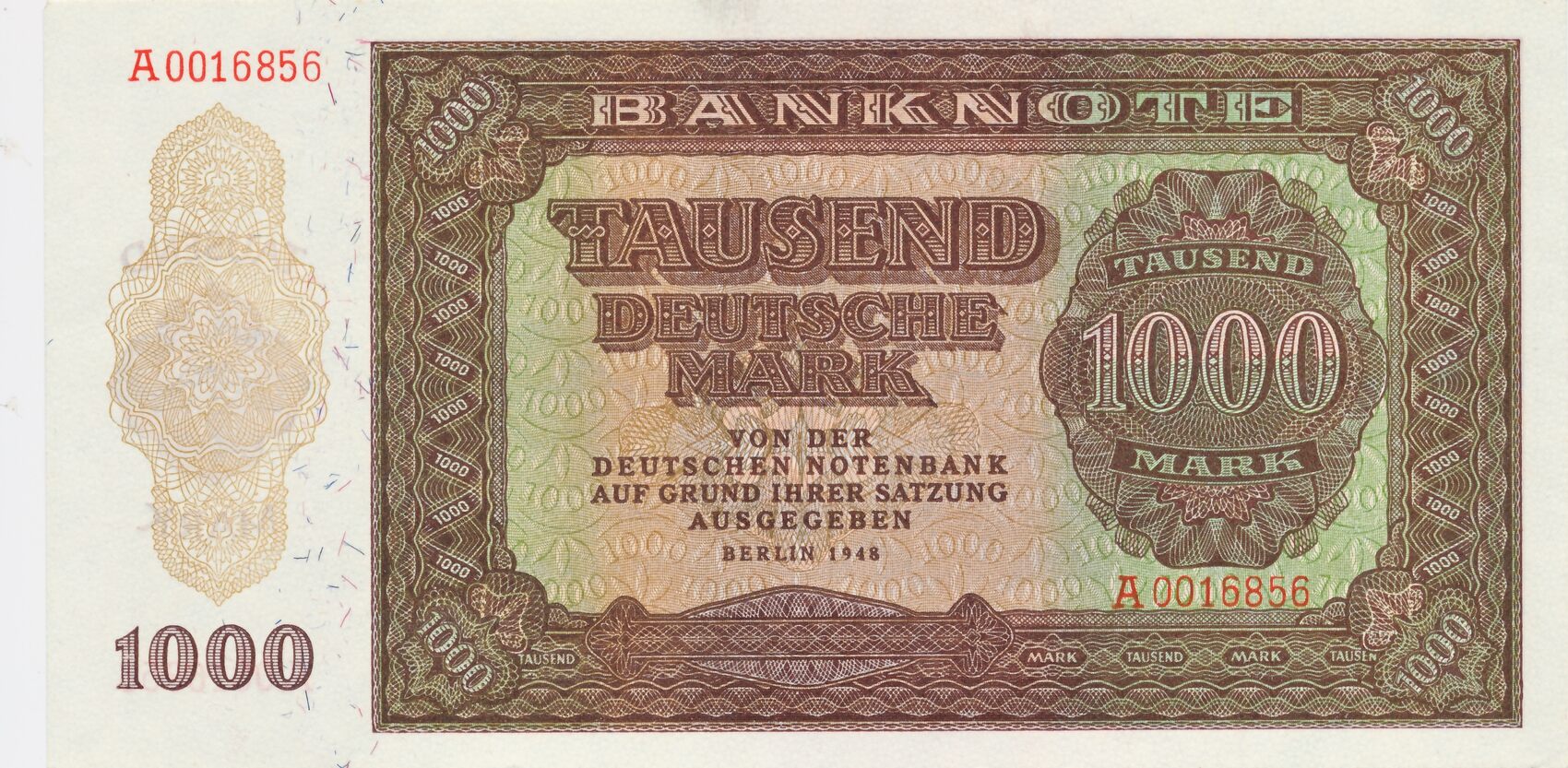 Deutschland DDR 1000 Mark 1948 Geldschein Banknote KN 7stellig Serie