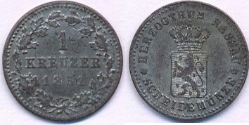 Altdeutschland Deutschland 1 Kreuzer 1861 Nassau Herzogtum Adolph