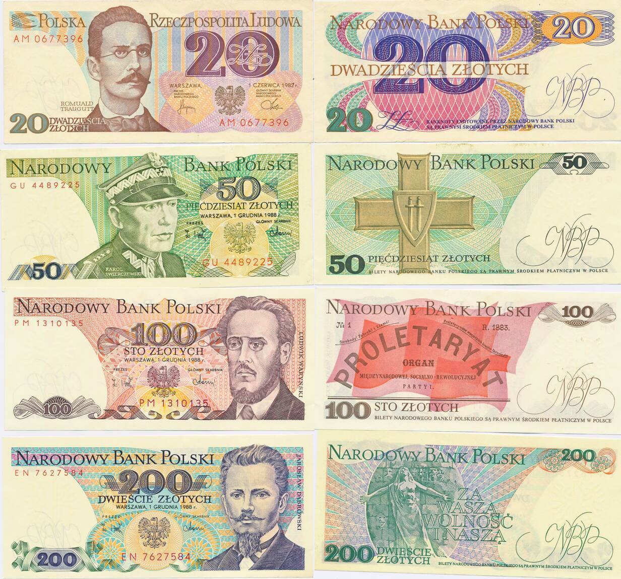 Polen 20 50 100 200 Zloty Zlotych 1988 1982 4x Scheine Banknoten