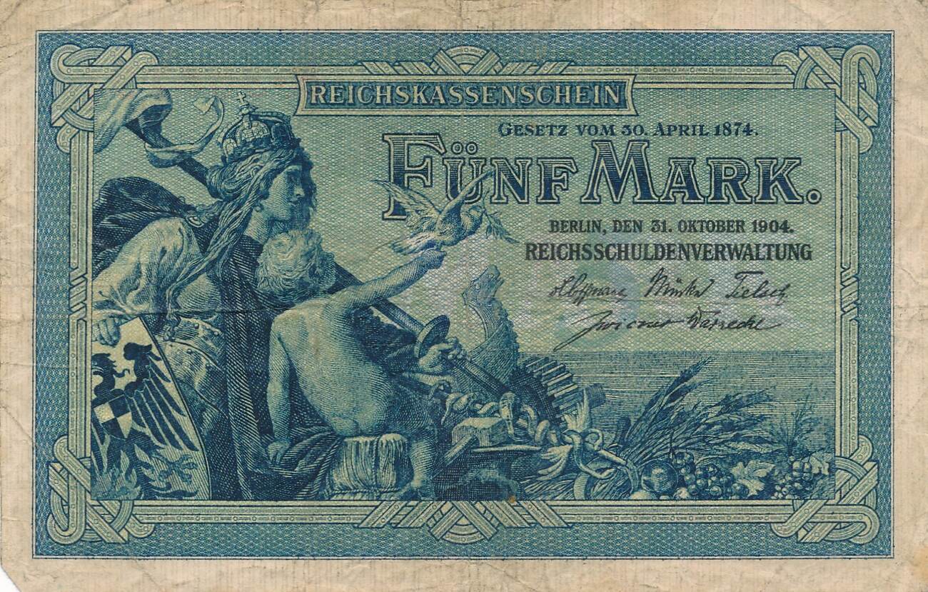 Deutsches Reich Deutschland 5 Mark Reichskassenschein 1904 KN 6stellig