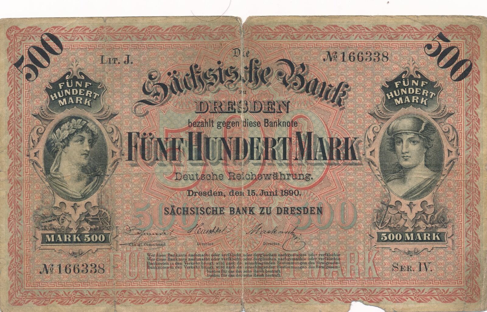 Deutsches Reich Deutschland 500 Mark 1890 Sachsen Länderbank