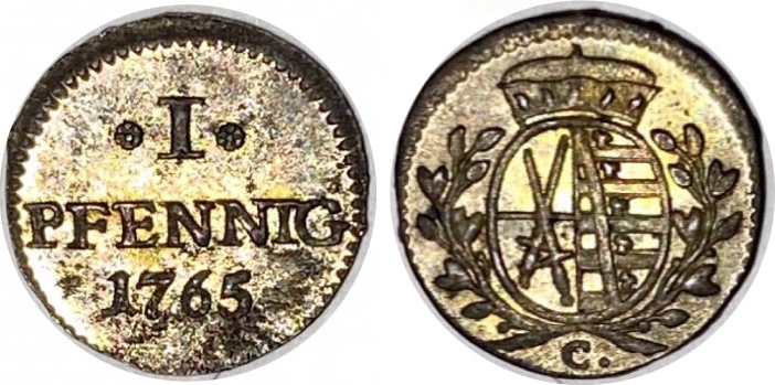 Altdeutschland Sachsen Albertinische Linie 1 Pfennig 1765 C Friedrich