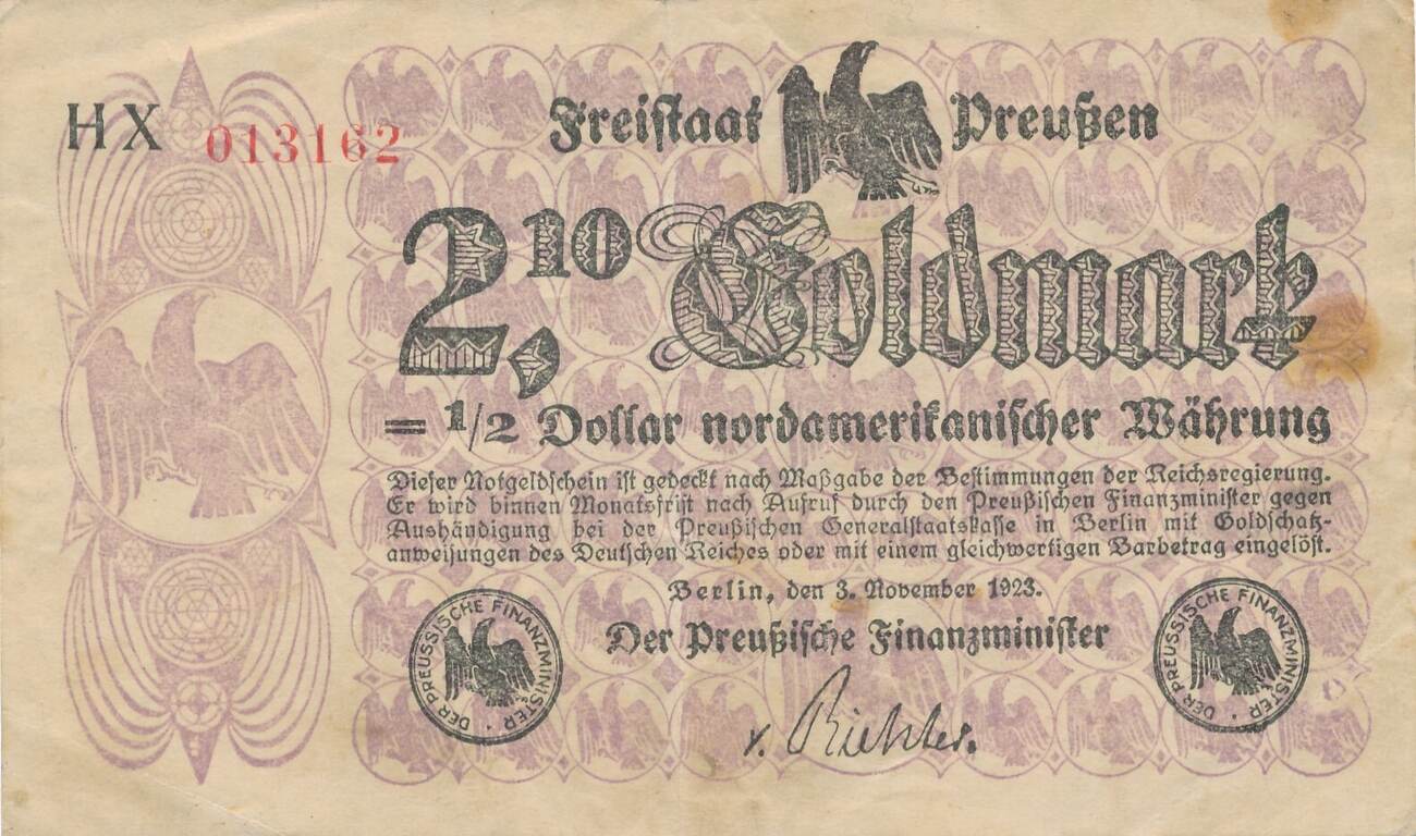 Deutsches Reich Deutschland 2 10 Gold Mark 1923 Wertbeständiges Notgeld