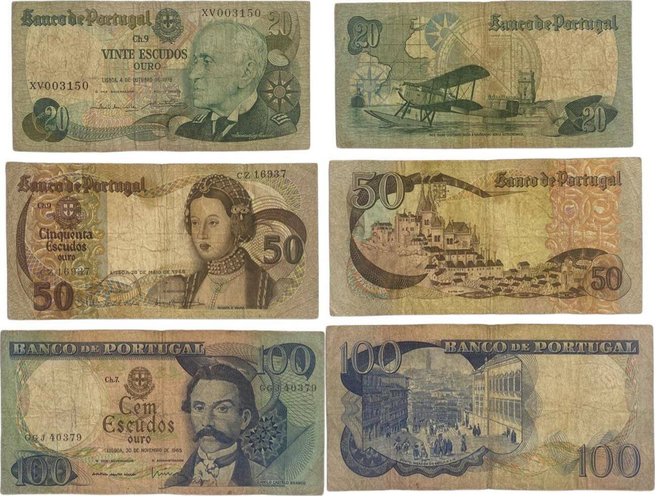 Portugal 20 50 100 Escudos 1978 1968 1965 Banknoten 3 Stück Lot IV V