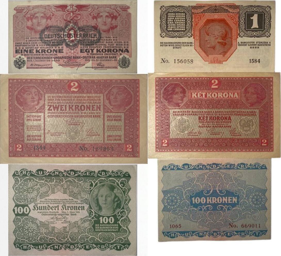 Österreich 1 Krone 2 Kronen 10 Kronen 1918 1917 1922 Banknoten 3 Stück