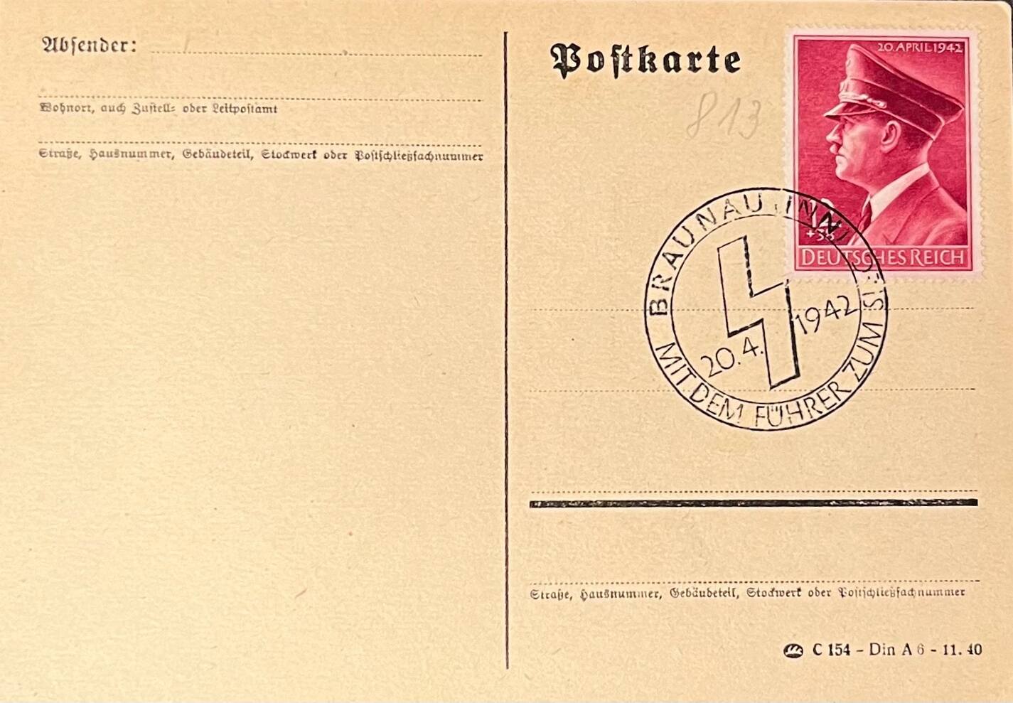 Drittes Reich Deutschland Postkarte Mit Briefmarke 1942 Braunau Inn