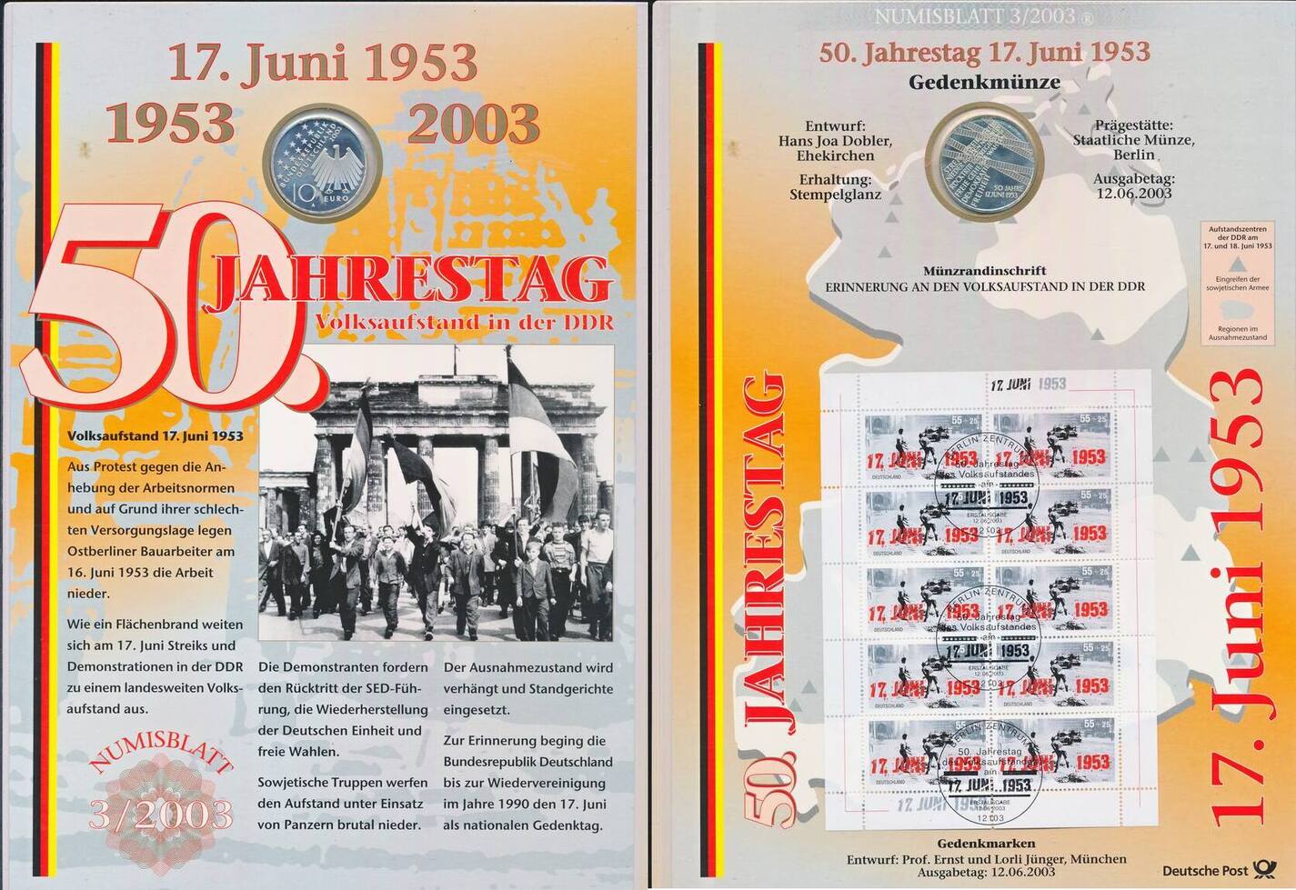 Deutschland BRD 10 Euro Gedenkmünze Numisblatt 2003 3 17 Juni 1953