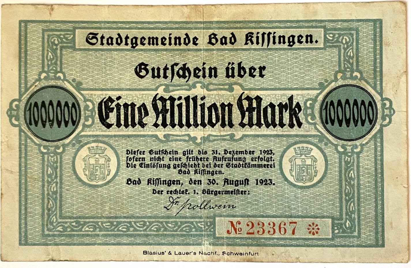 Deutschland Deutsches Reich 1 Million Mark 1923 Notgeldschein Notgeld