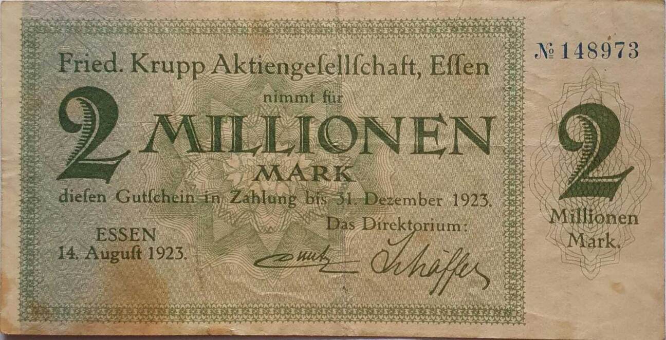 Deutschland Deutsches Reich 2 Mio Mark 1923 Notgeld Fried Krupp