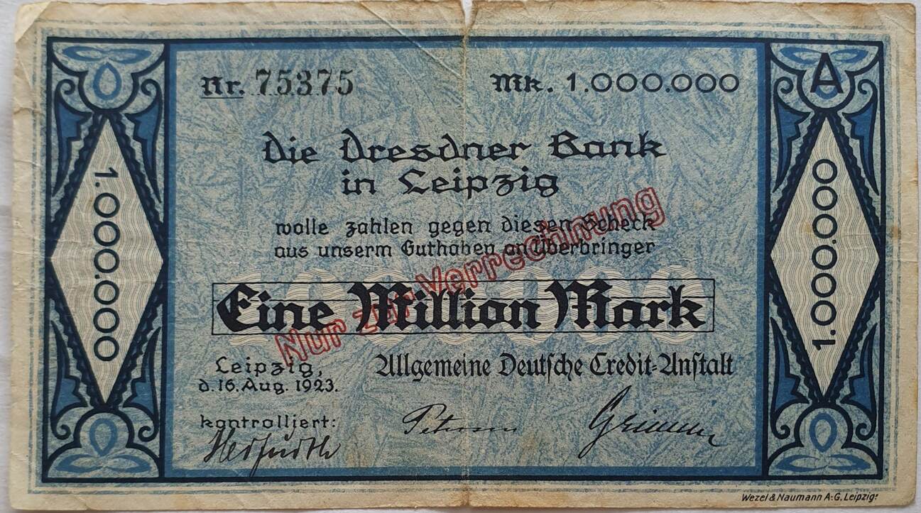 Deutschland Deutsches Reich 1 Mio Mark 1923 Notgeld Der Dresdner Bank