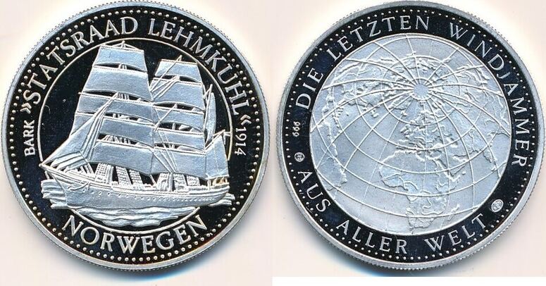 Norwegen Medaille 999er Feinsilber Schiff Statsraad Lehmkuhl 1914