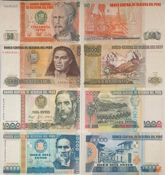 50 500 1000 10 000 Intis 1987 1987 1988 1988 Banknoten 4 Stück Lot